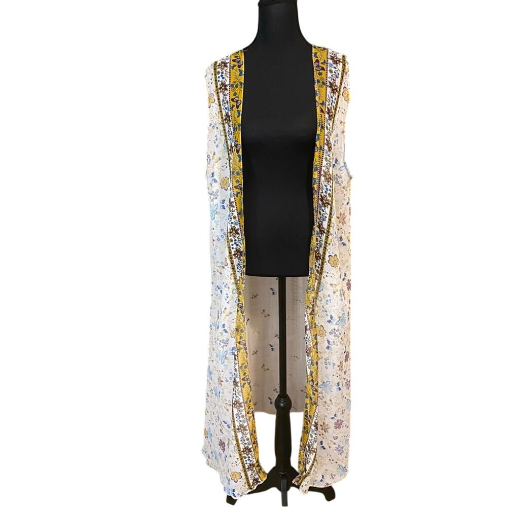 White Yellow floral kimono vest Flowy duster butterfly accents longline garden
